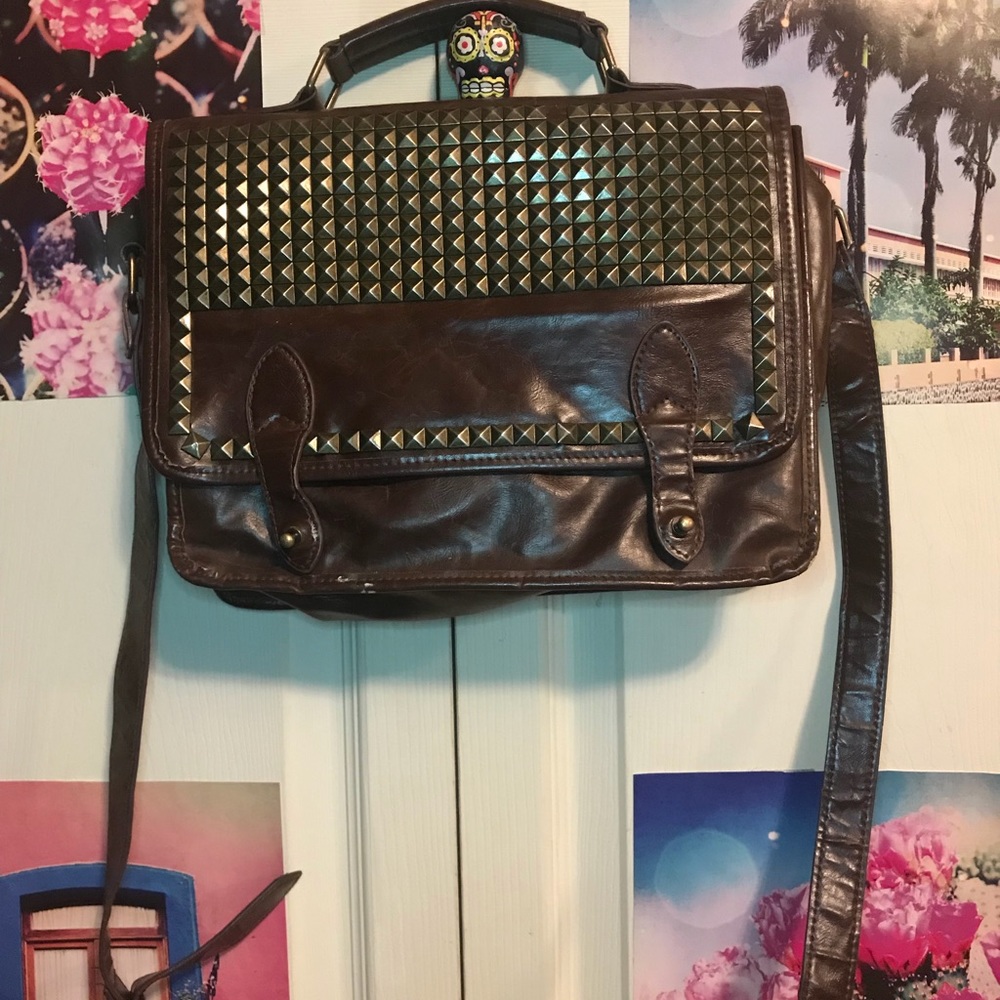 Brown studded leather cross body bag